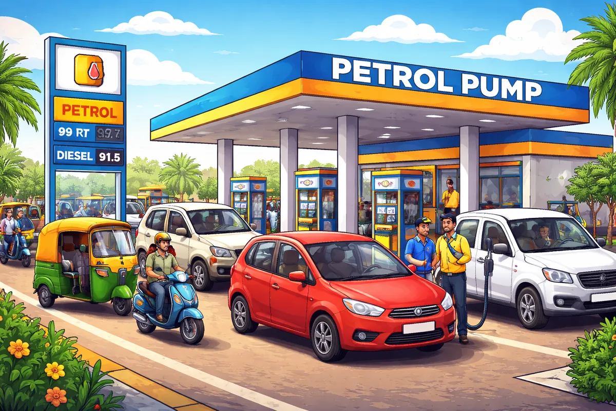 Petrol price today in India showing fuel pump and rising fuel rates